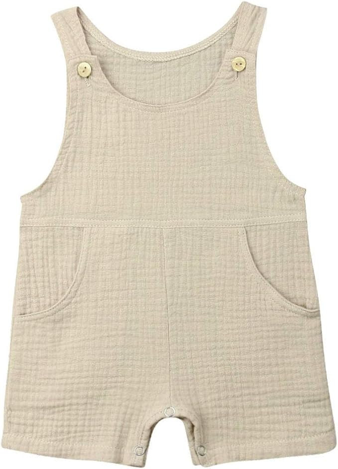 Baby Boys' Girls Short Sleeve Rompers Jumpsuit with Pocket,Organic Cotton and Linen Sleeveless On... | Amazon (US)