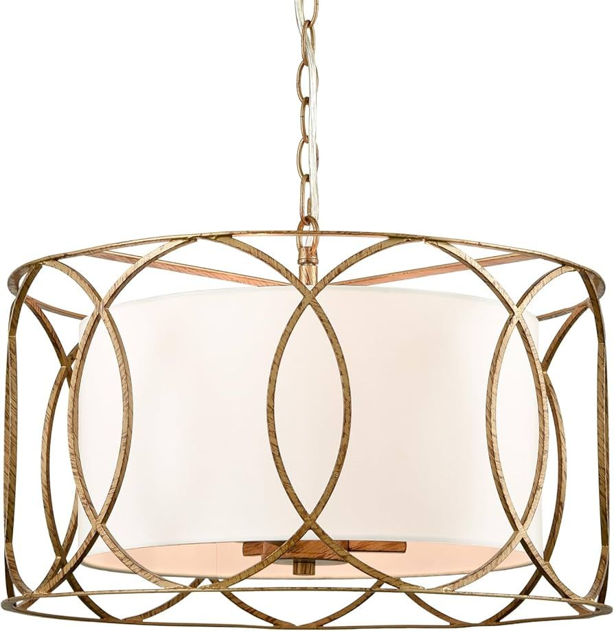 HYDELITE Brass Drum Pendant Light 3-Light Dining Table Fixture with White Linen Diffuser | Amazon (US)