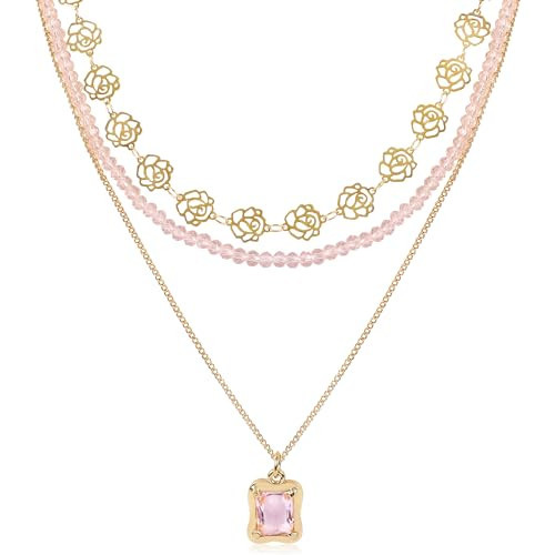 Multilayered Pink Necklace for Women with Crystal Stone Pendant and Hollow Gold Rose Choker Bohemian Layered Glass Beads Strand Necklace Beaded Necklace Adjustable Party Summer Jewelry Gift for Women | Amazon (US)