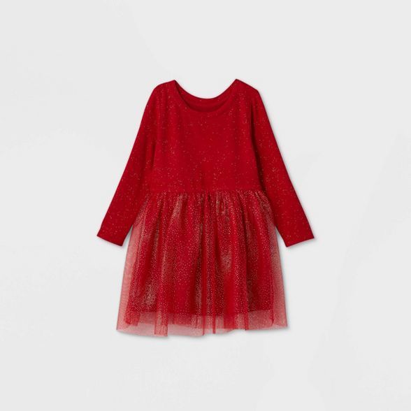 Toddler Girls' Cozy Sparkle Tulle Long Sleeve Dress - Cat & Jack™ Red | Target