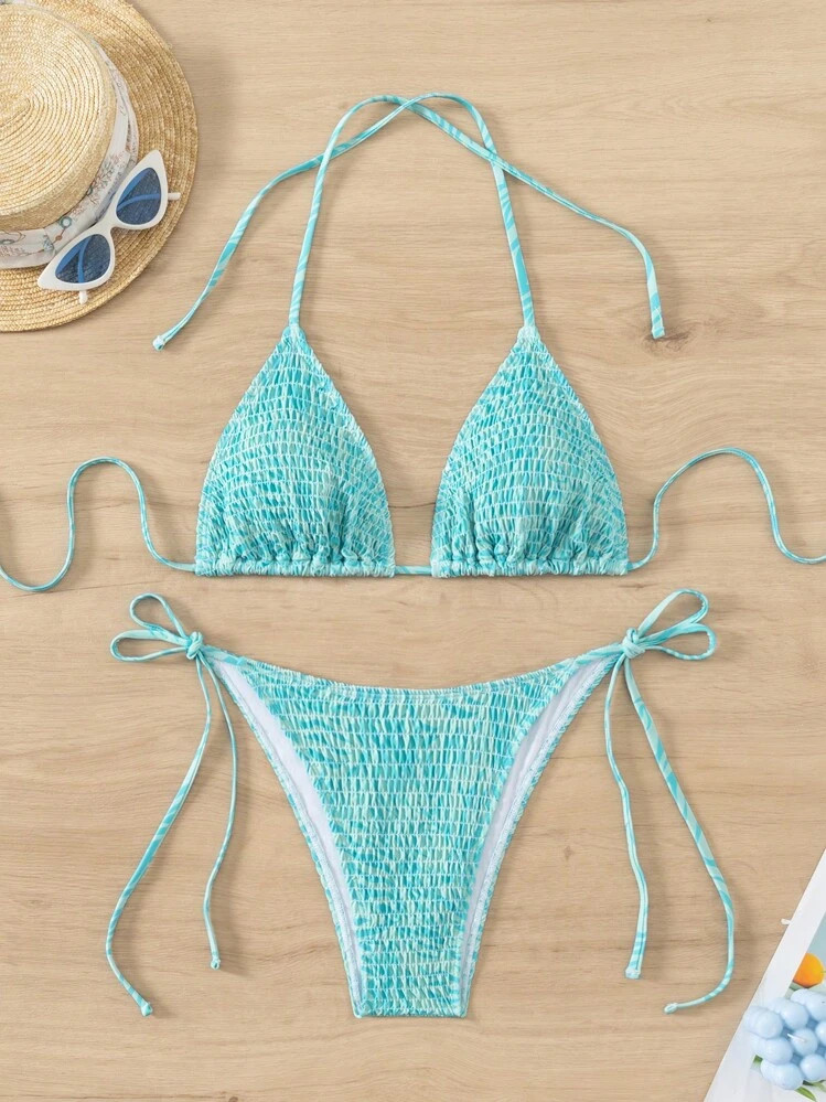 SHEIN Swim Ladies' Tie-Dye Ruched Halter Neck Two-Piece Bikini Set For Vacation,Summer Beach | SHEIN