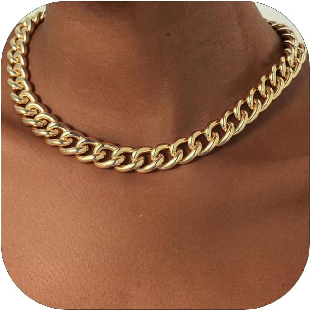 FOCALOOK Gold Necklace for Women, 14K Dainty Chunky Gold Chain Necklace 13 mm Thick Cuban Link Ch... | Amazon (US)
