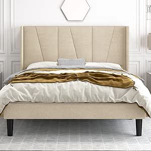 Hoomic Queen Size Upholstered Platform Bed Frame with Modern Geometric Wingback Headboard, Wooden... | Amazon (US)