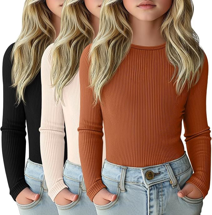 3 Pack Girls 95% Cotton Ribbed Long Sleeve Shirts | Amazon (US)