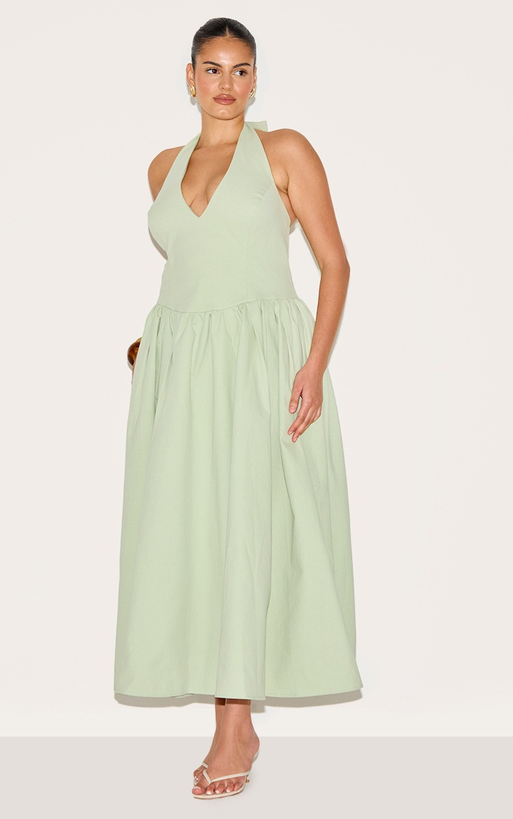 Plus Sage Green Halterneck Tie Detail Midaxi Dress | PrettyLittleThing UK