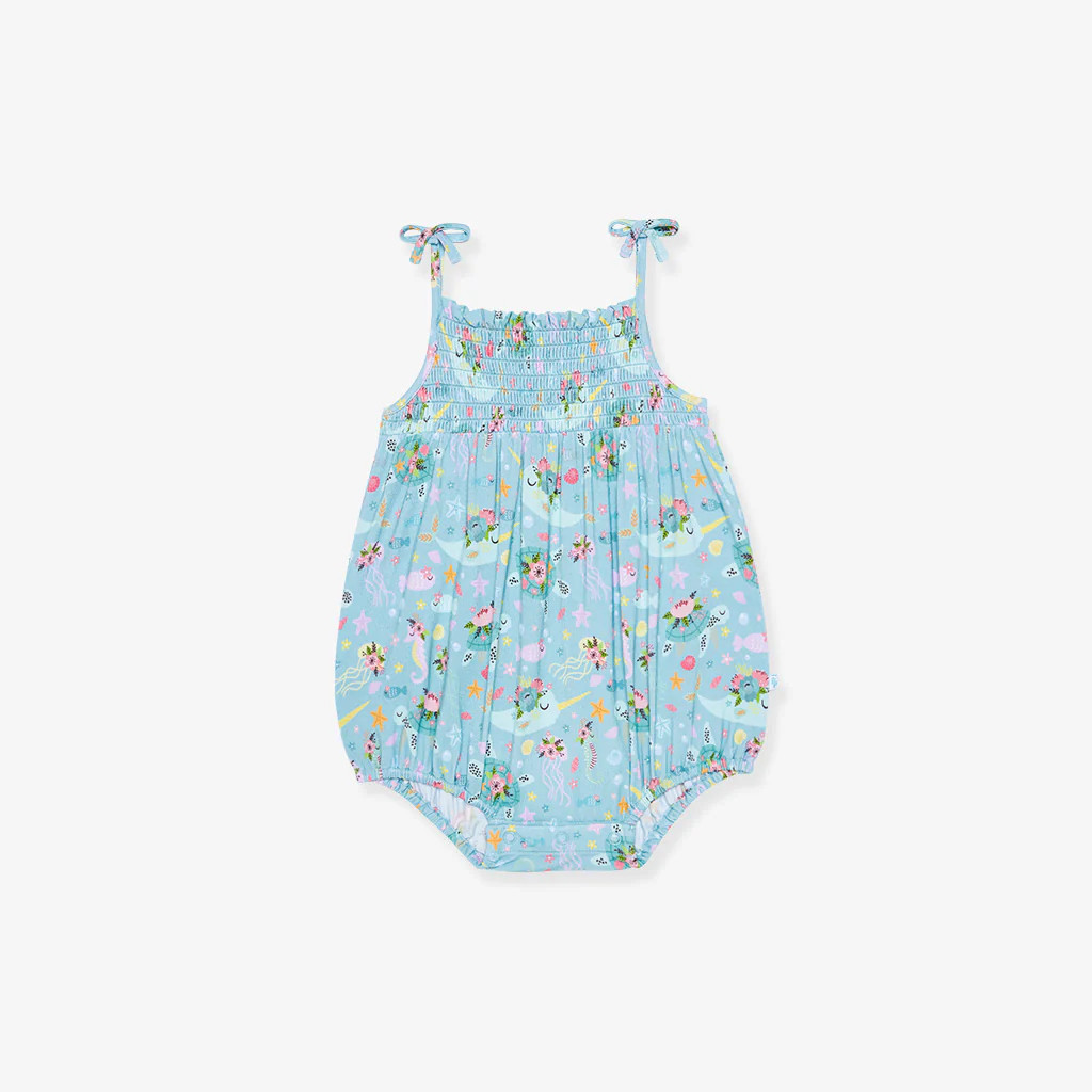 Narwhal Blue Sleeveless Smocked Bubble Romper | Cady | Posh Peanut