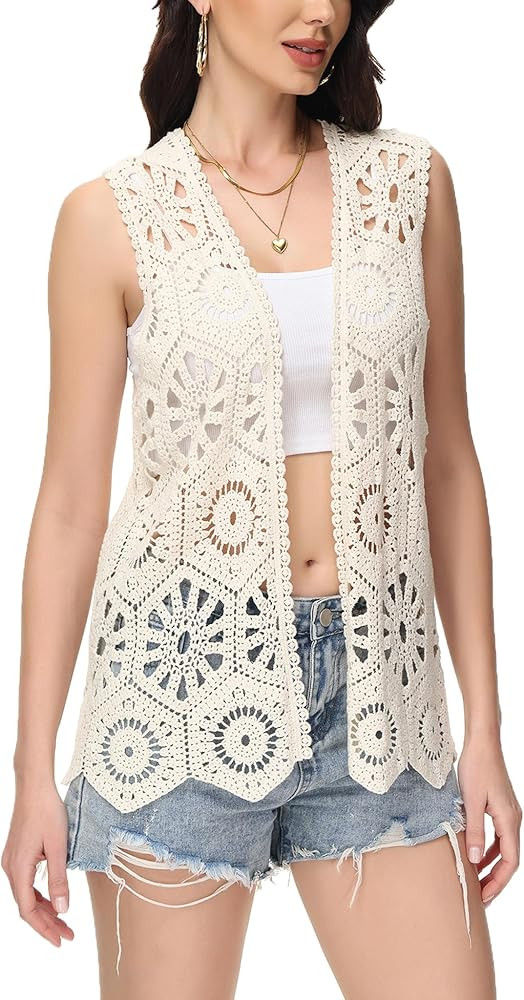 Anna-Kaci Crochet Vest Sleeveless Boho Lace Cardigan Stylish and Cute Cover Up | Amazon (US)