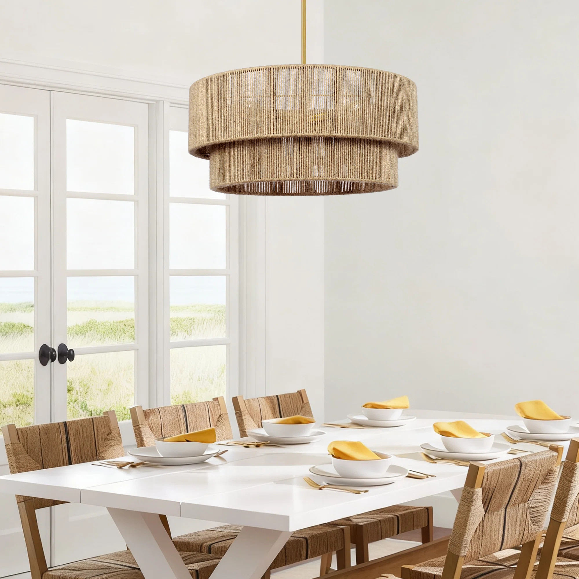 21-Inch 4-Light 2-Tier Hand-Woven Dimmable Drum Chandelier with Adjustable Height and Brass Finis... | Wayfair North America