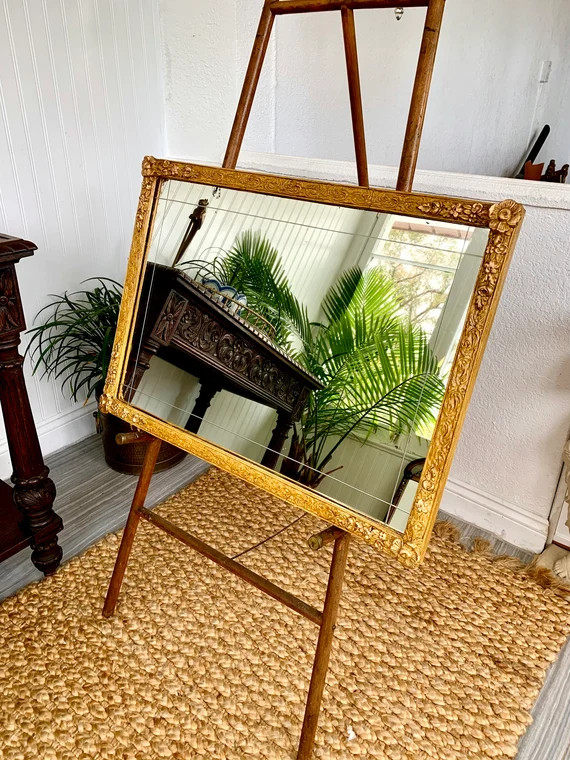 Antique Art Nouveau Mirror Etched Gold Bronze Painted Gesso on Wood with Applied Foliate Corners ... | Etsy (US)