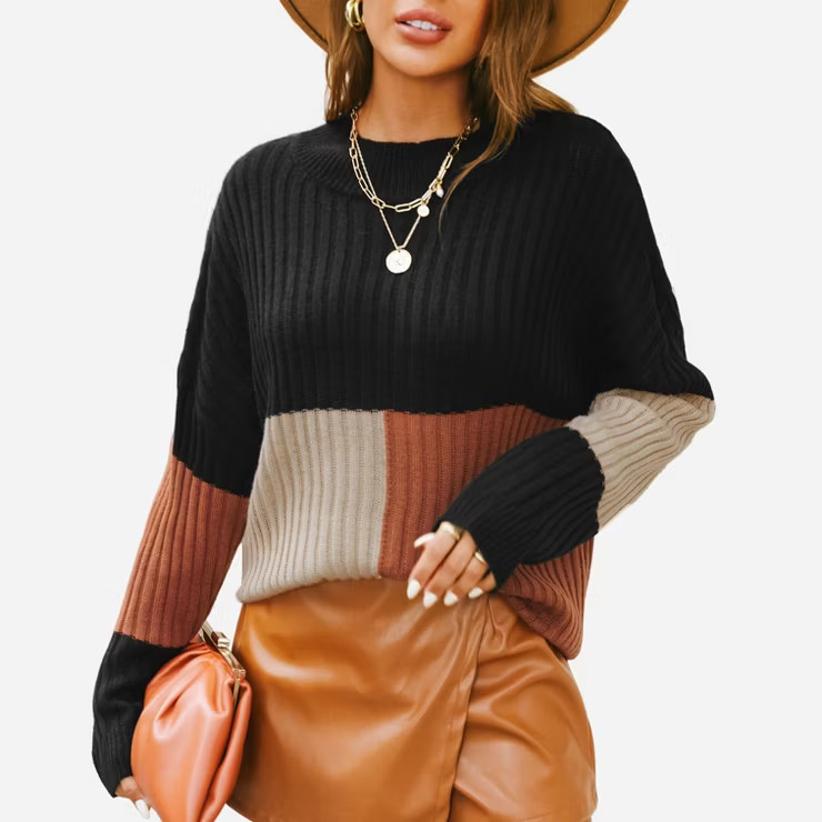 Women's Ribbed Colorblock Oversized Sweater - Cupshe -Black/Brown/Apricot | Target