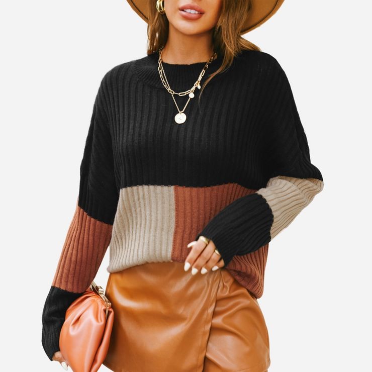 Women's Ribbed Colorblock Oversized Sweater - Cupshe -Black/Brown/Apricot | Target