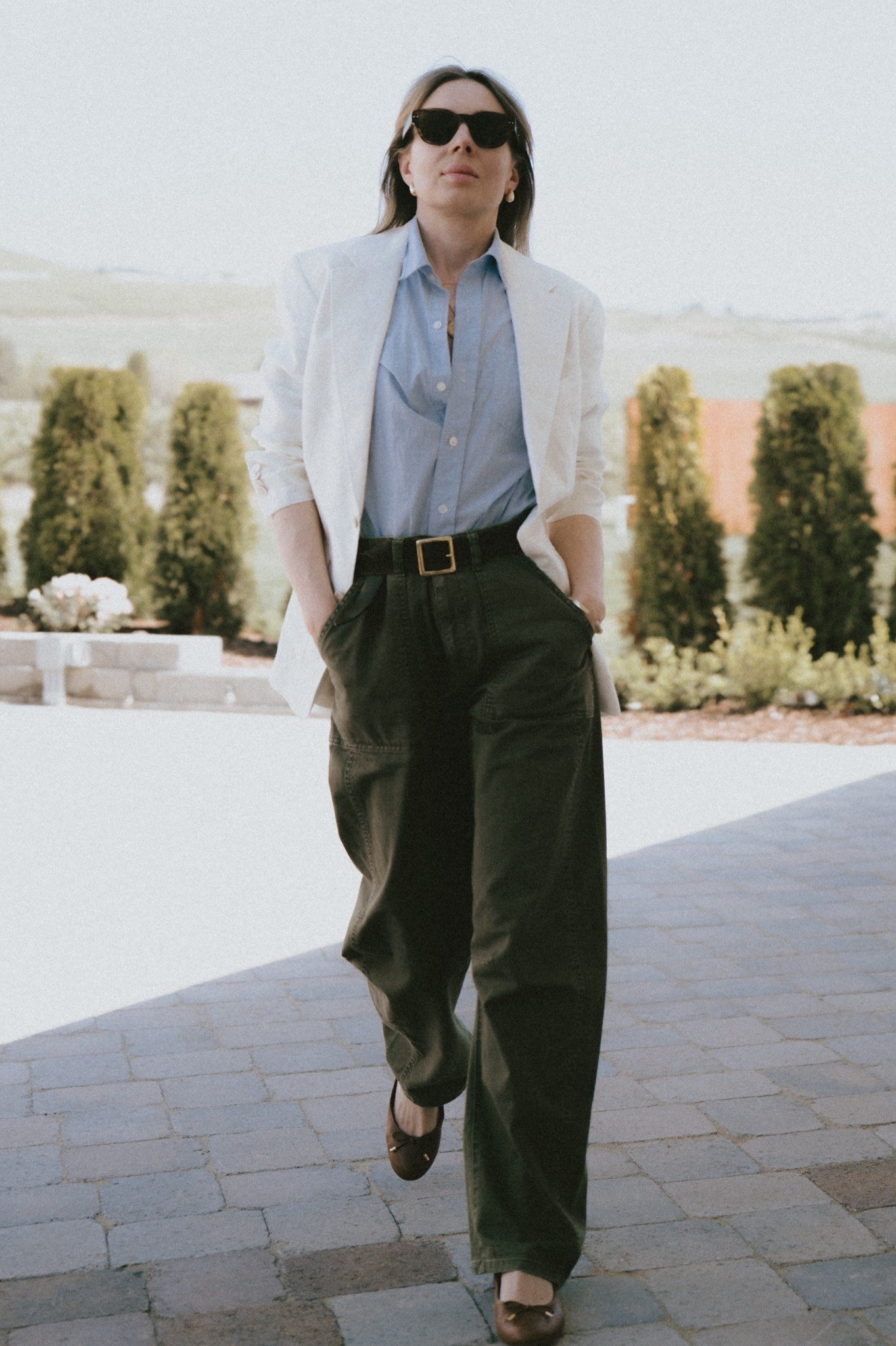 Buck Mason white linen blazer + blue end on end cotton shirt + Gap green cotton twill pants + @Macys Ralph Lauren Jayna ballet flats. 

#LTKWorkwear #LTKSeasonal #LTKOver40