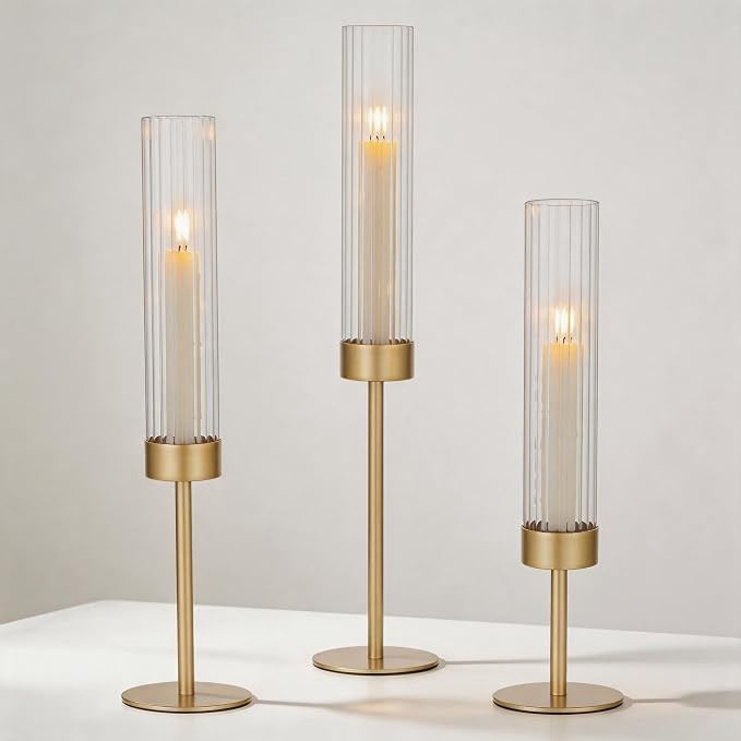 Hewory Gold Hurricane Candle Holder: 3PCS Candlestick Holders for Decor | Ribbed Glass, Brass Tap... | Amazon (US)