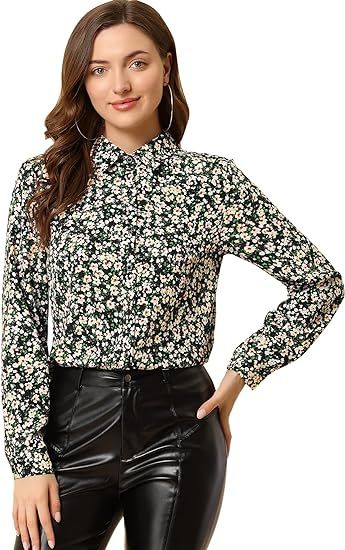 Allegra K Women's Button Down Shirt Long Sleeve Point Collar Floral Blouse | Amazon (US)
