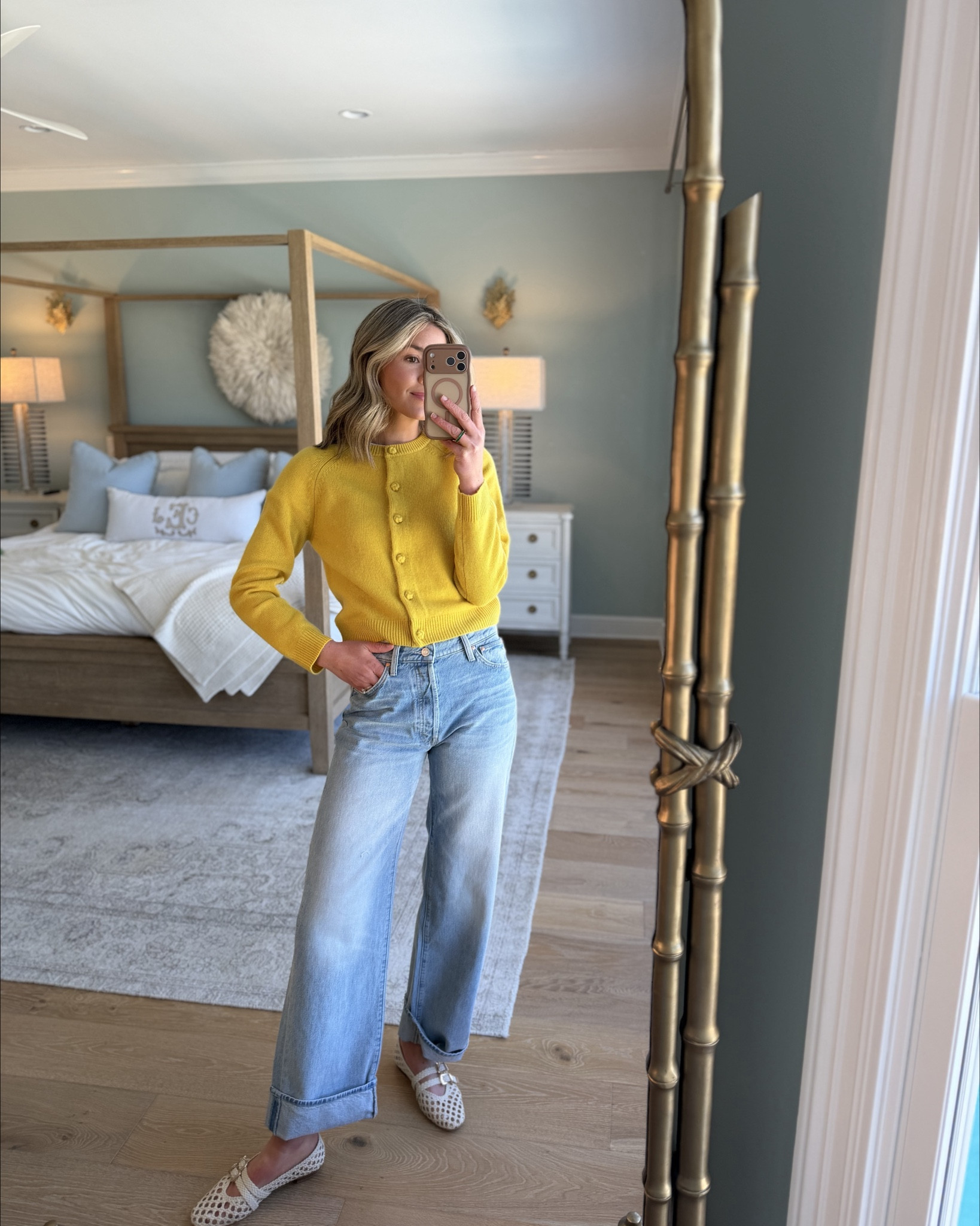 I have linked this cardigan so many times… and now that I finally have it, it’s even better in person 💛

This chartreuse cardigan is everything. The buttons are stunning with the most beautiful knot detailing — truly no detail was spared. It’s so easy thrown over a white tee or styled over your shoulders.

I layered it with this cashmere bandana for a little something unexpected and I love how it pulls everything together. Such a fun accessory moment.
And these woven flats… greatest of all time. Truly. They are so comfortable and sold out quickly last year, so if your size is in stock I wouldn’t wait.

Sizing notes: 
 • Wearing a small in the cardigan and top  • Wearing a 26 in the jeans (true to size)  • Flats run true to size

@Tuckernuck  #TuckernuckPartner

#LTKstyletip #LTKSeasonal