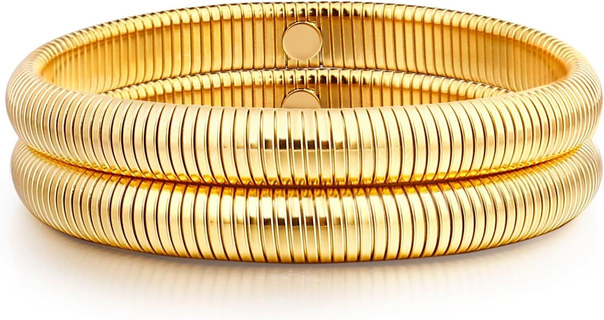 Gold Bangle multi-layer Bracelets for Women Stretchy Stainless steel Link Chain Flexible Wide Wri... | Amazon (US)