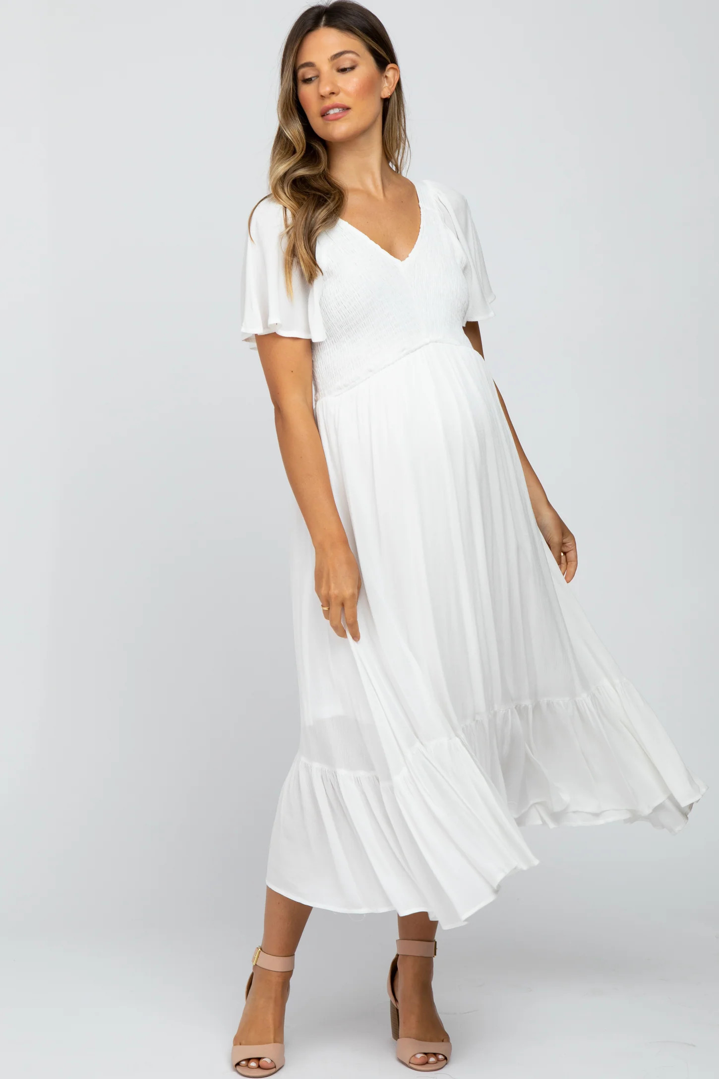 Ivory Smocked V-Neck Maternity Midi Dress | PinkBlush Maternity