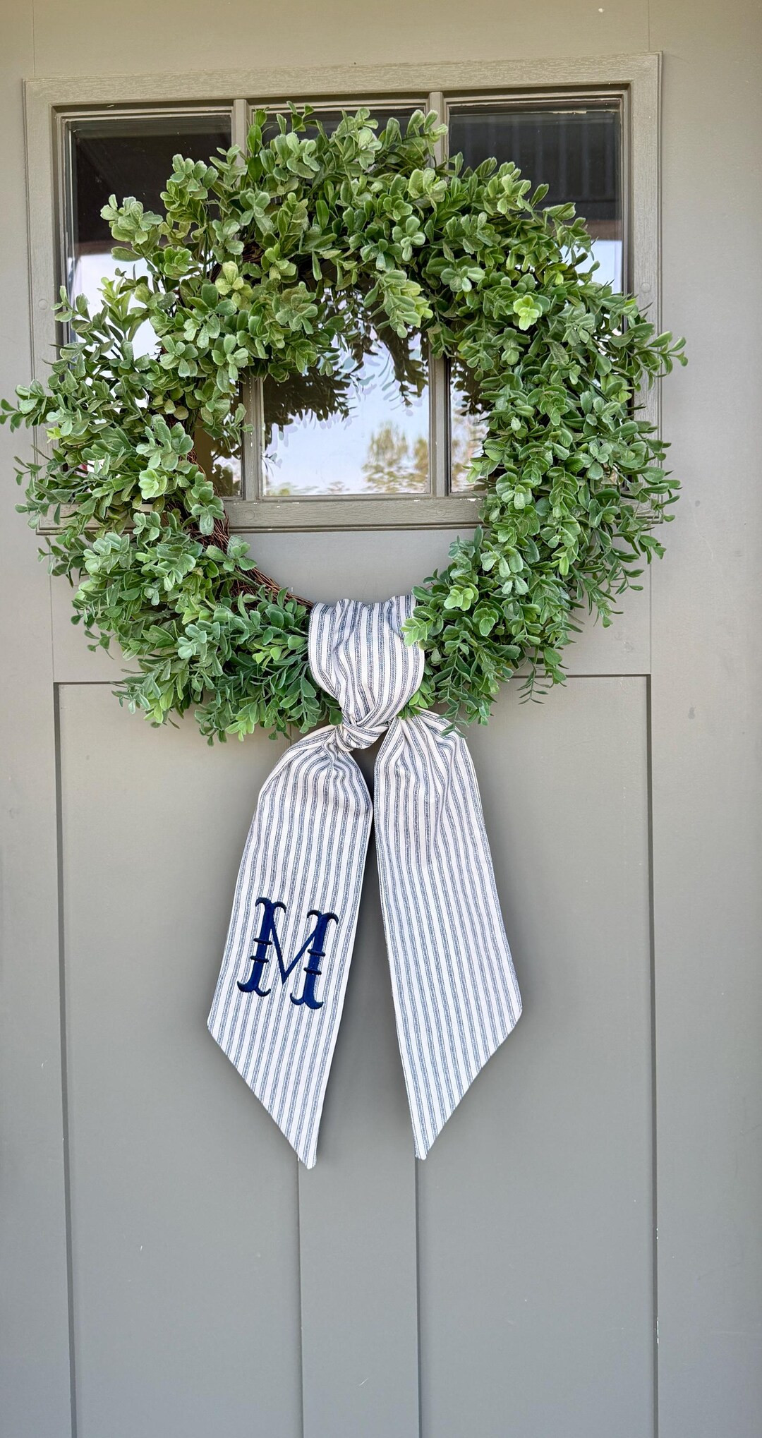 Monogram Blue Ticking, Blue Striped, Sash for Front Door, Embroidered Front Door Bow, Personalize... | Etsy (US)