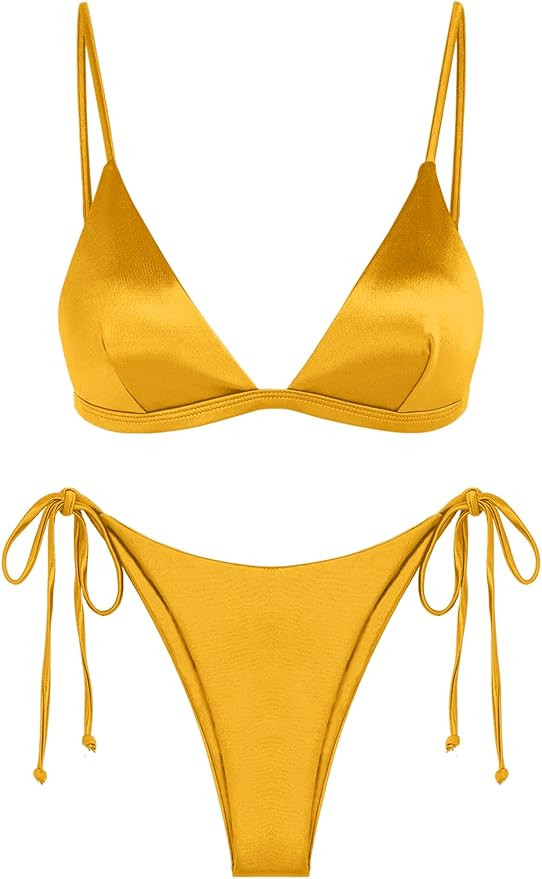 ZAFUL Women's Shiny Silky Bikini Sets Sexy Triangle Two Piece Swimsuit 2024 Tie Side Thong High C... | Amazon (US)
