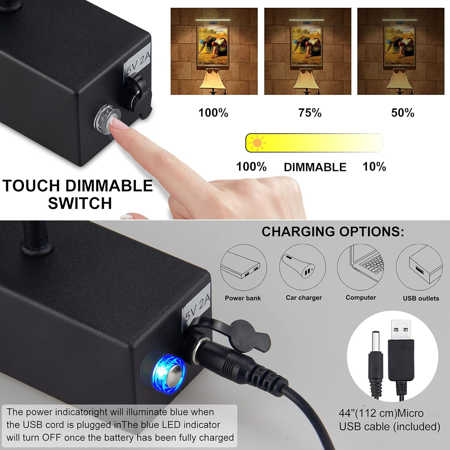 FUNCHDAY Picture Light, Rechargeable Painting Light with Brightness Dimmable ,16" Full Metal Acce... | Amazon (US)