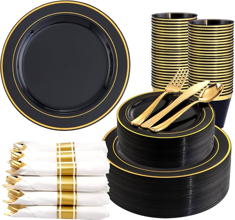 350 Pieces Black and Gold Plastic Plates with Disposable Silverware, Include 50 Dinner Plates 9... | Amazon (US)