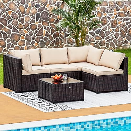 Natural Expressions 5 Piece Wicker Patio Sectional Furniture Sets Outdoor Sofa Rattan Couch,All W... | Amazon (US)