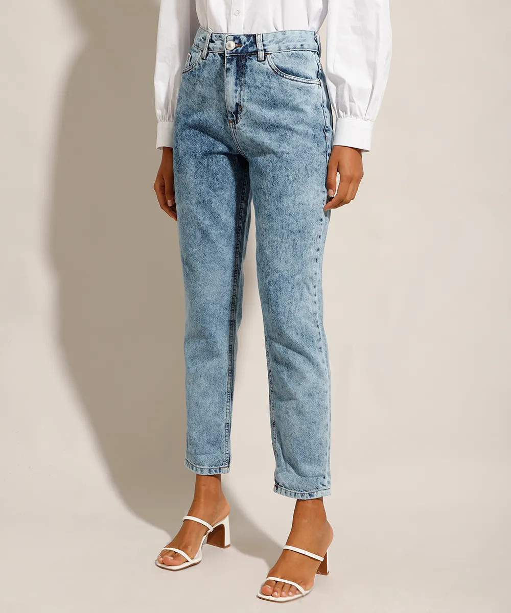 Calça Mom Jeans Marmorizada Cintura Super Alta Azul Médio | C&A (BR)