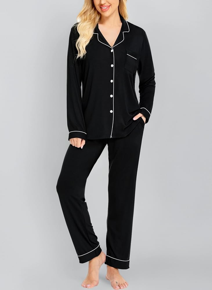 SWOMOG Women Pyjamas Sets Soft Long Sleeve Button Down Sleepwear Soft Pjs Set Loungewear | Amazon (UK)