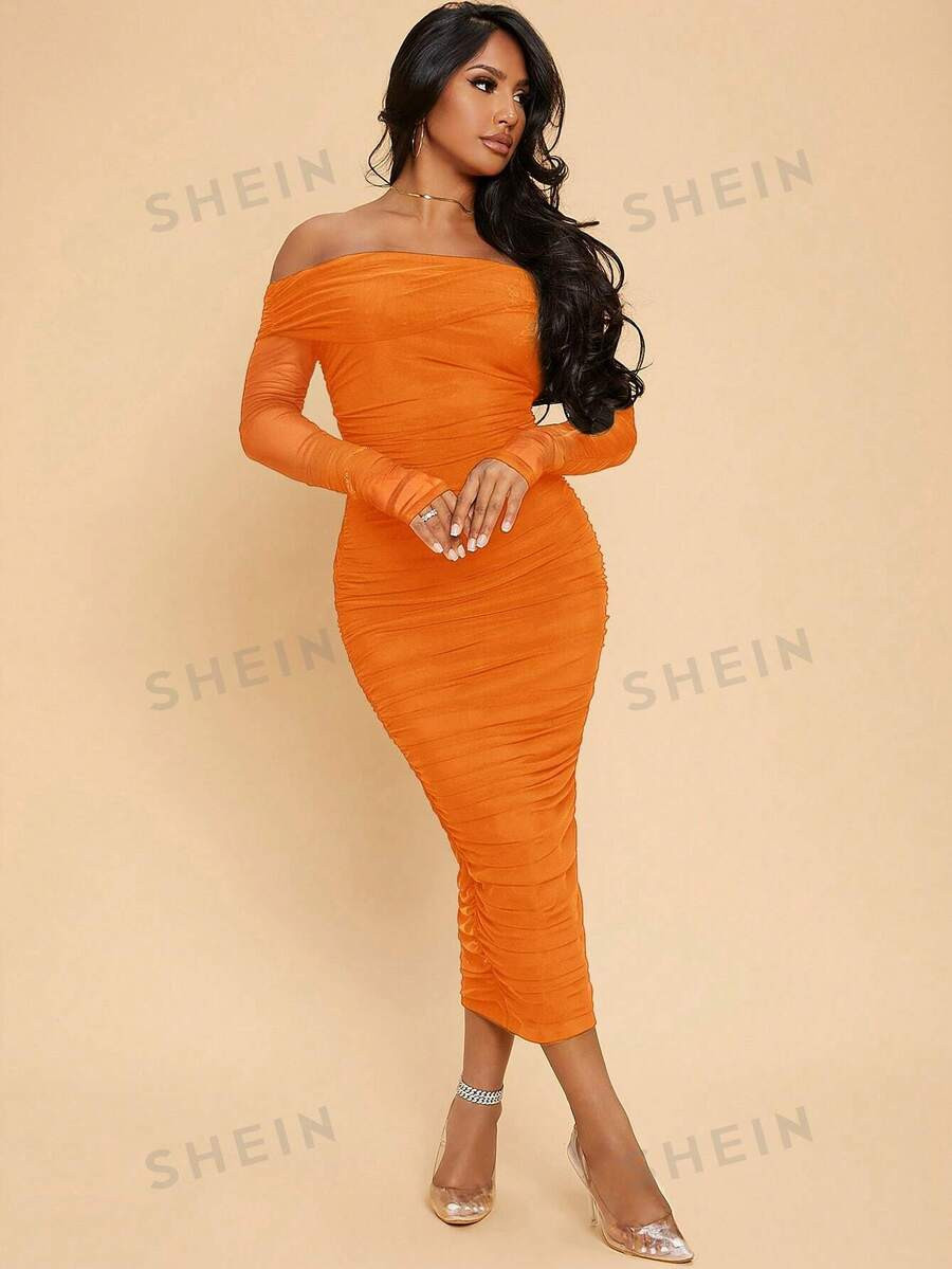 SHEIN SXY Spring And Summer Off-Shoulder Ruffled Mesh Sexy Tight Date Long-Sleeved Dress | SHEIN