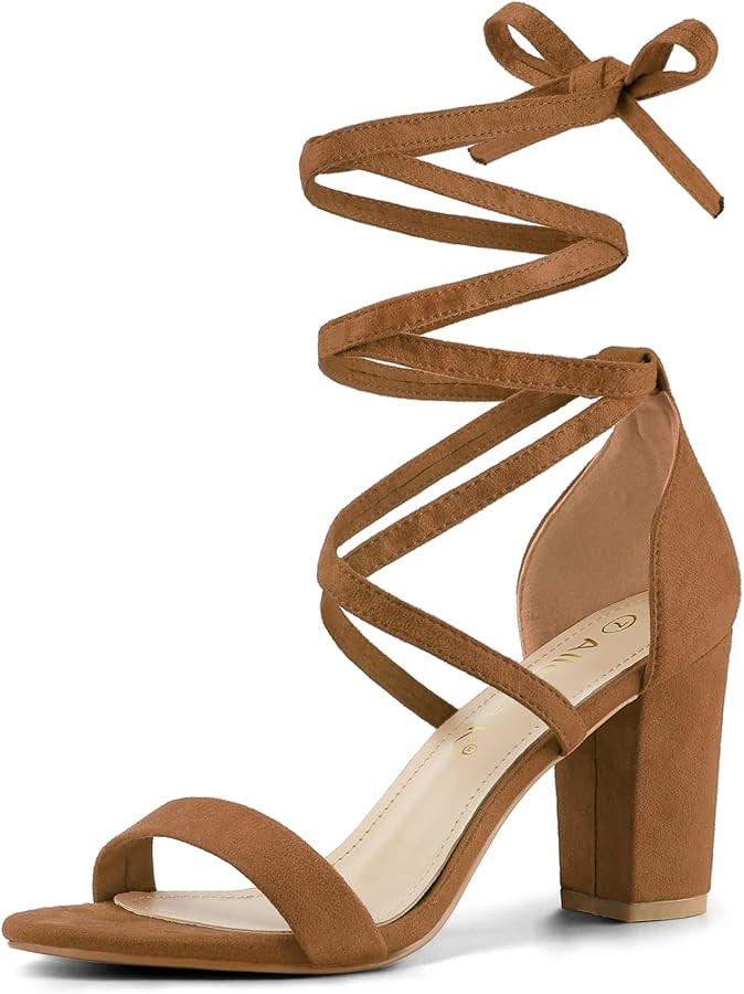 Allegra K Women's Strappy Lace Up Heel Chunky High Heels Sandals | Amazon (US)