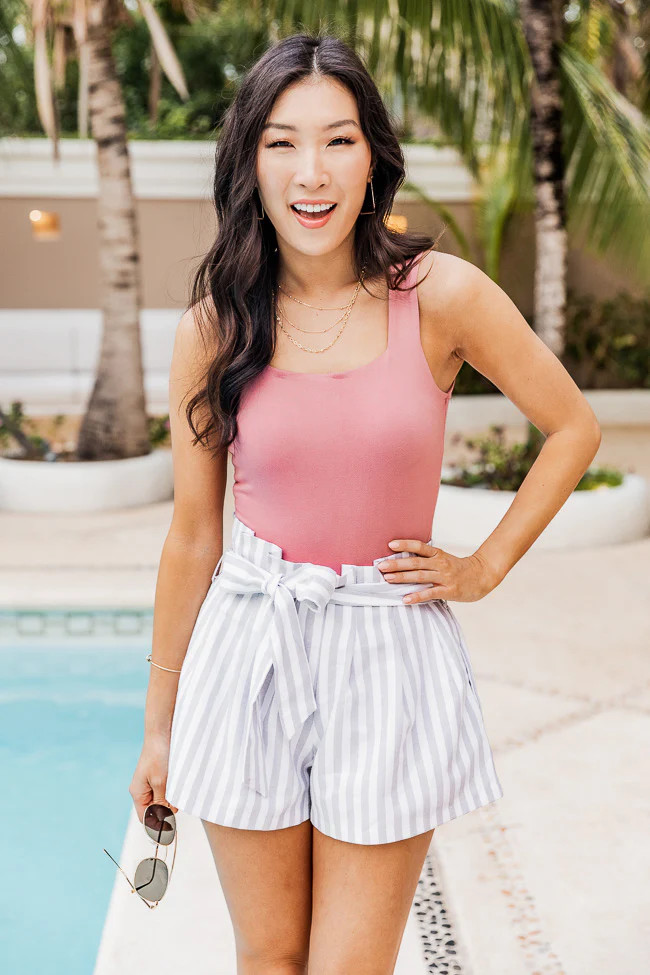 Fame and Fortune Grey Striped Paperbag Shorts, Women's Medium - For Spring - Pink Lily Boutique | Pink Lily