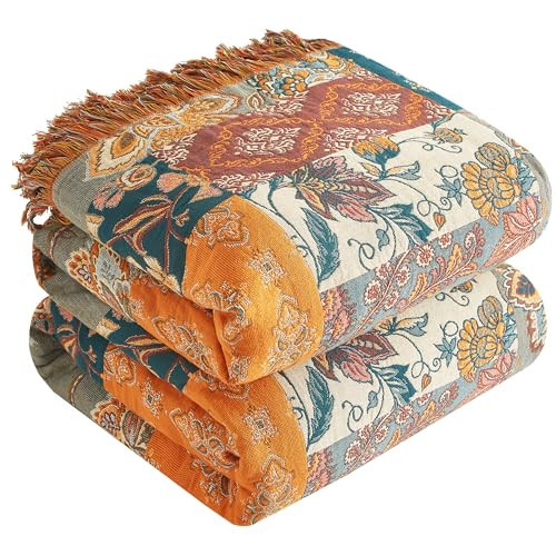 Boho Throw Blanket for Bed 60”x80”, 100% Cotton Woven Blanket for Couch Sofa, Ultra Soft 4-Layer Muslin Quilt with Patchwork Floral Printed, Farmhouse Bed Blanket/Cover for Living Room Decor | Amazon (US)
