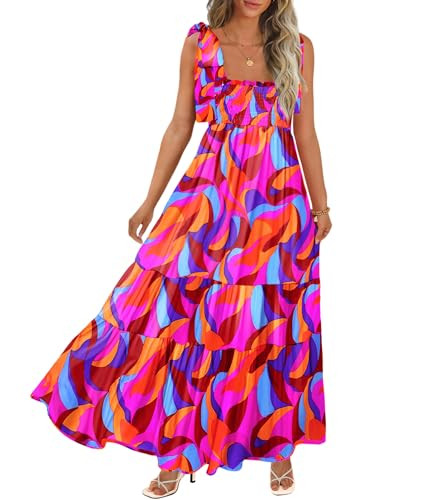 Women's Summer Maxi Dress Boho Spaghetti Straps Casual Long A-line Smocked Beach Dress Square Nec... | Amazon (US)