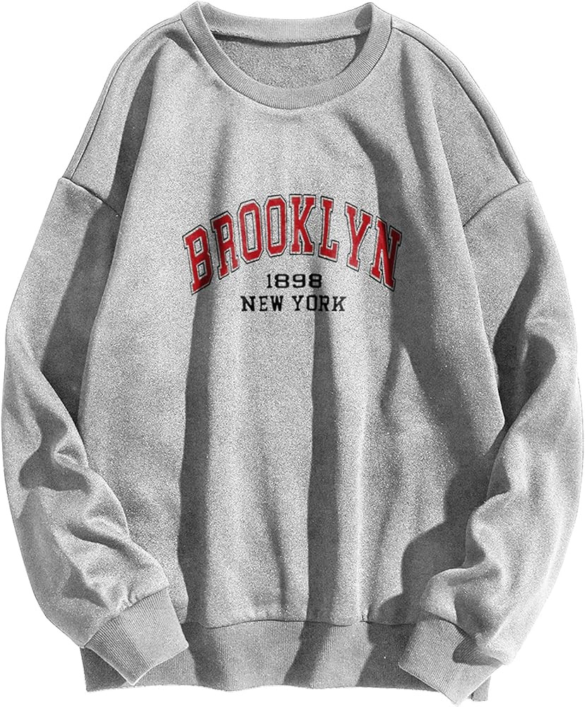 SAFRISIOR Women’s Brooklyn New York Letter Graphic Fleece Sweatshirt Oversized Round Neck Long Sleev | Amazon (US)