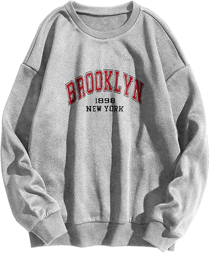 SAFRISIOR Women’s Brooklyn New York Letter Graphic Fleece Sweatshirt Oversized Round Neck Long Sleev | Amazon (US)