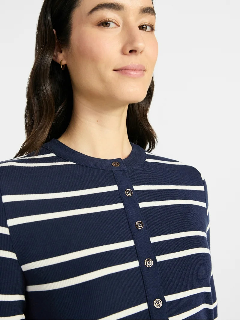 Time and Tru Women's Striped Henley with Long Sleeves, Sizes XS-XXXL | Walmart (US)