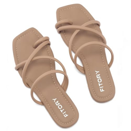 FITORY Women's Slide Sandals Flat Toe Ring Thongs with Cross Strap for Summer Size 7 Camel | Amazon (US)