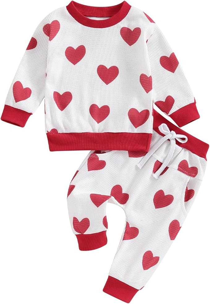 Kupretty Toddler Baby Girl Valentine’s Day Outfits Heart Waffle Knit Sweatshirts and Pants Set ... | Amazon (US)