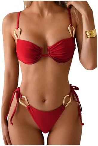 SweatyRocks Women's 2 Piece Bikini Sets Ring Linked Self Tie Push Up Bathing Swimsuit Underwire | Amazon (US)