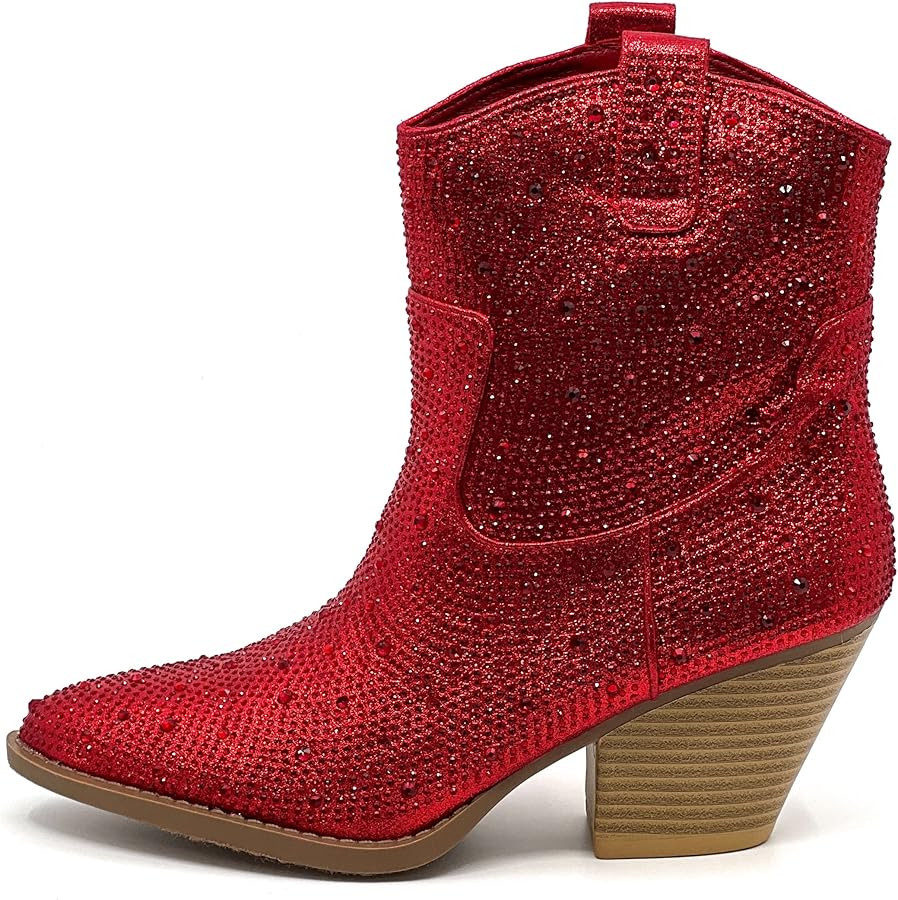 Women's Rhinestone Block Heel Mid Calf Short Ankle Booties Knee High Boots | Amazon (US)