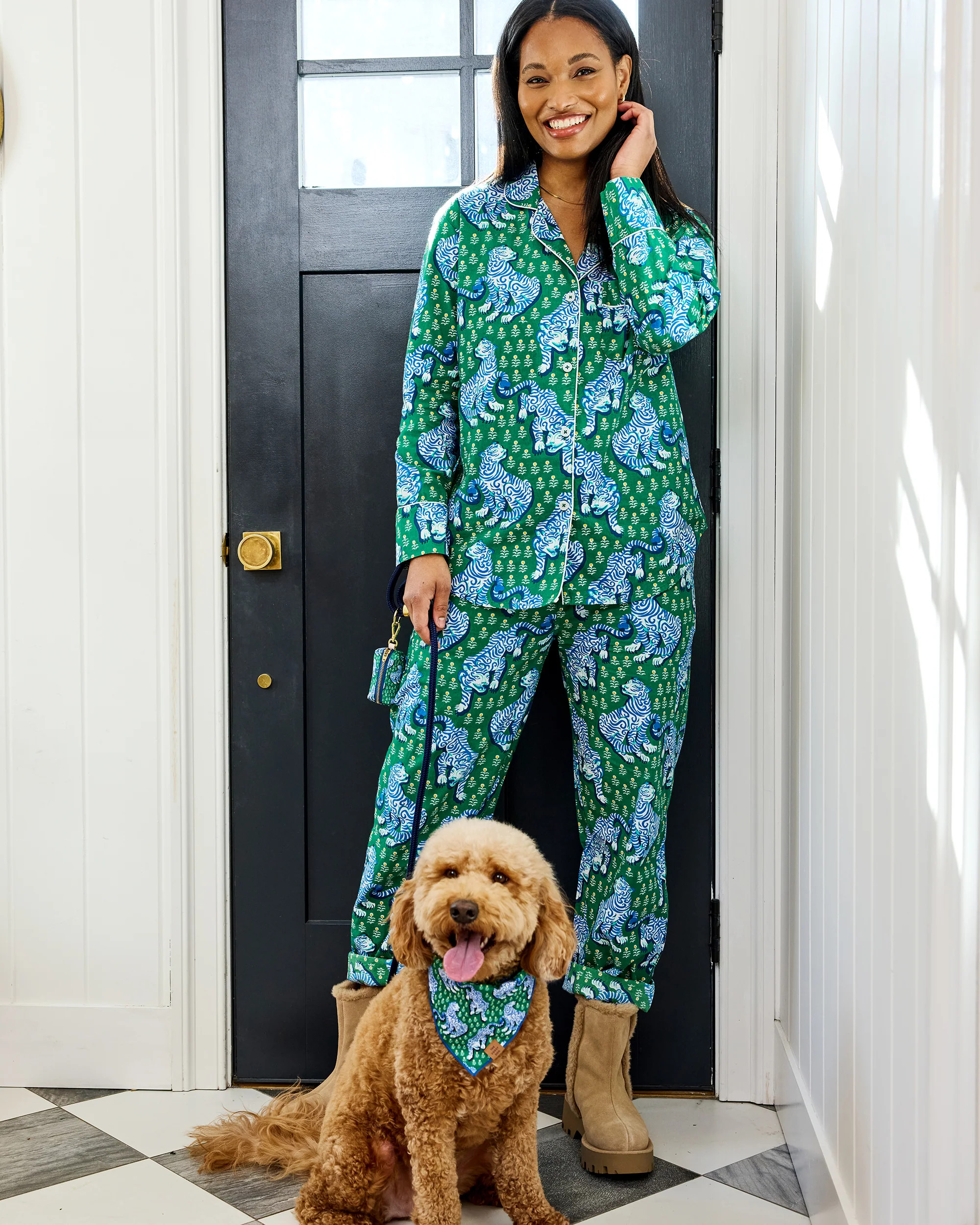 Organic Cotton Long Pajama Set in Tiger Queen | Women's S | Green | | Sleepwear | Printfresh