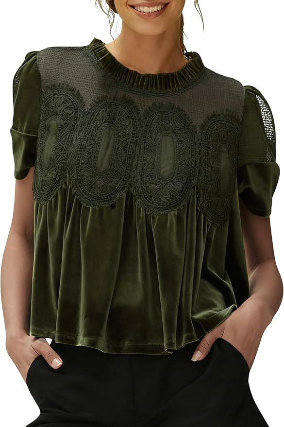 Gozoloma Women's Velvet Lace Blouse Casual Round Neck Short Sleeve Flared Swing Top Elegant Loose... | Amazon (US)