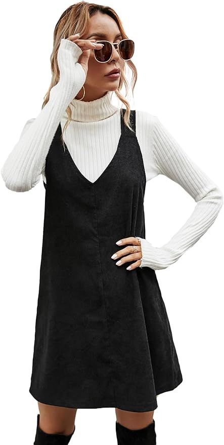 Milumia Women V Neck Corduroy Pinafore Overall Mini Dress Jumper Dress | Amazon (US)