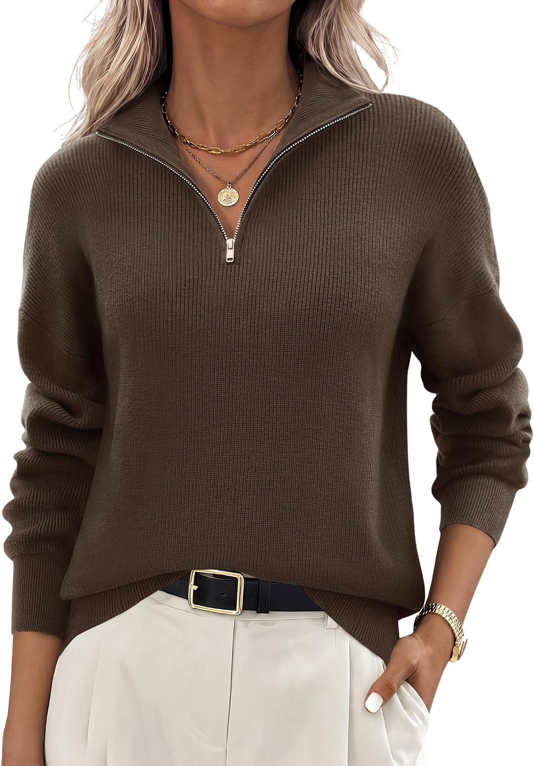 Zeagoo Womens Fall Long Sleeve Quarter Zip Sweaters Knit Pullover Tops | Amazon (US)