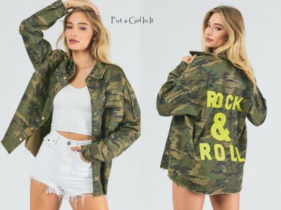 New Womens OLIVE CAMO ROCK & ROLL DISTRESSED UTILITY SHACKET JACKET SHIRT S M L | eBay US