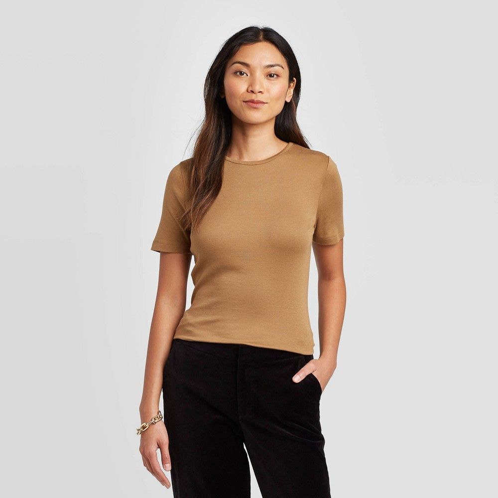 Women's Slim Fit Short Sleeve Crewneck Fitted T-Shirt - A New Day Brown XL, Women's | Target