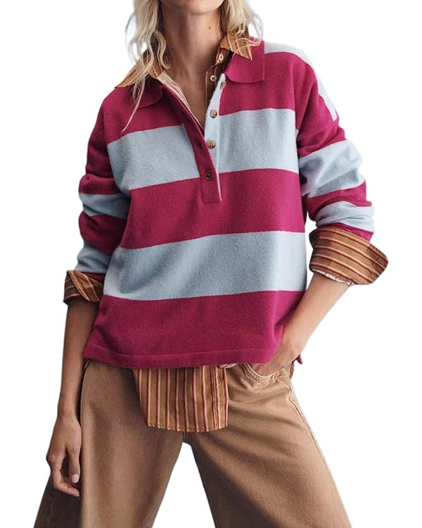 Womens Striped Sweater Shirts Lapel Polo V Neck Long Sleeve Strip Knit Pullover Casual Layer Top ... | Amazon (US)