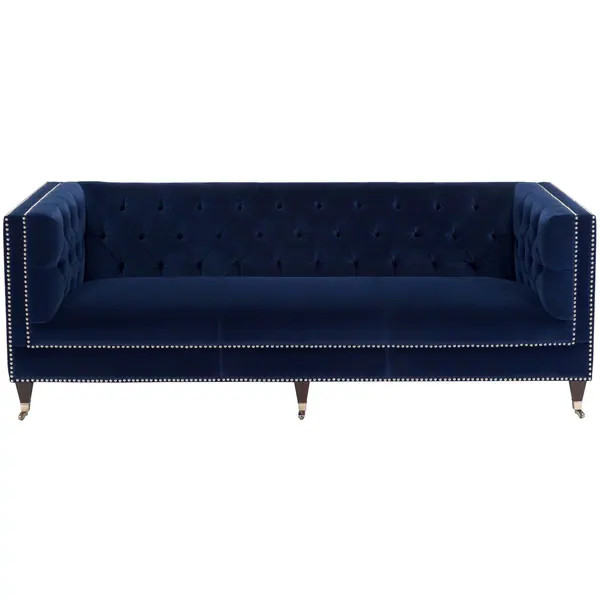 Safavieh Couture Miller Navy Velvet Tufted Commercial Grade Sofa | Bed Bath & Beyond