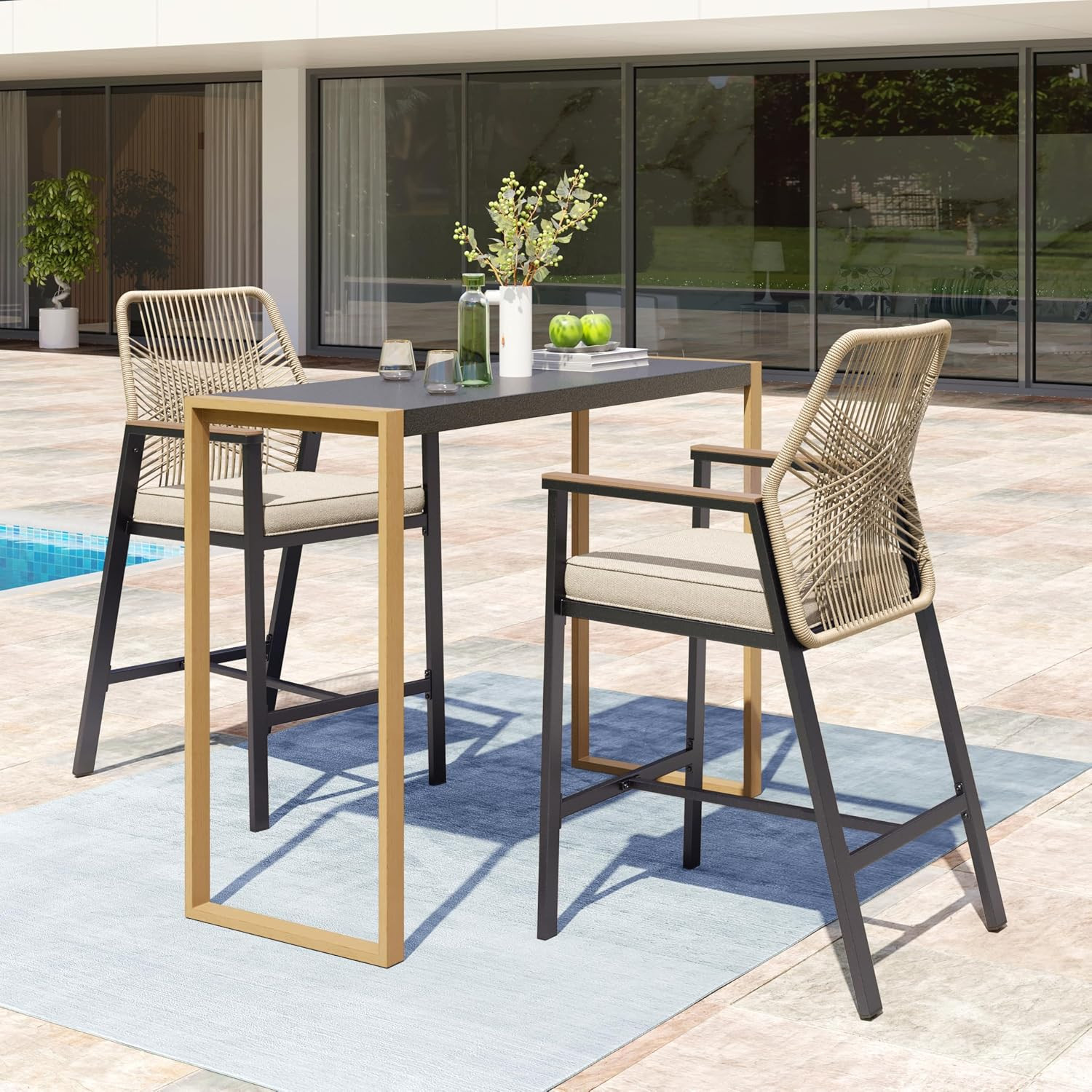 3 Piece Outdoor Bar Set,Wicker Bar Height Stools with 40" Bar Table,Patio High Bar Chairs&3.2" Cushion for Porch, Pool and Deck, Beige | Amazon (US)