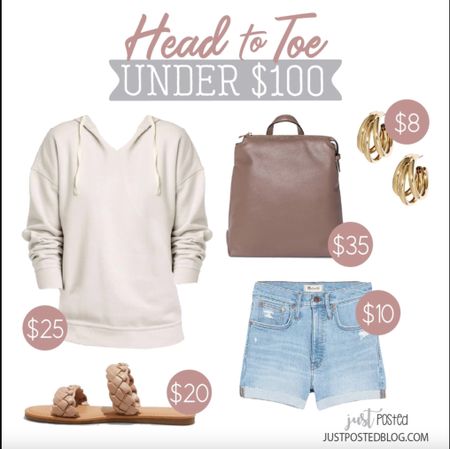 A Head to Toe Under $100 Look perfect for spring and spring break! These Madewell jean shorts drop in price to only $10 with the code SALEONSALE at checkout! They are originally $75! Add a cozy hoodie, 2 strap braided sandal, hoop earrings and this backpack to complete the look!

#LTKunder50 #LTKunder100